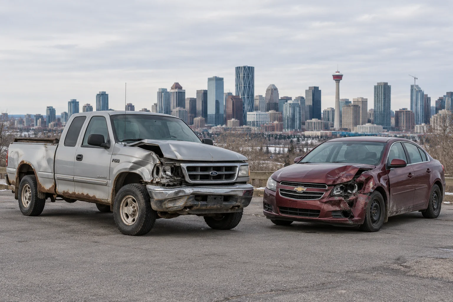 Damaged silver Ford pickup and burgundy Chevrolet sedan with the Calgary skyline behind them