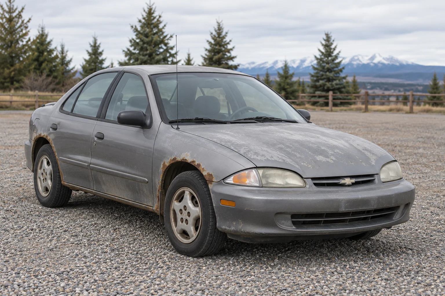 Rusty end-of-life grey Chevrolet sedan