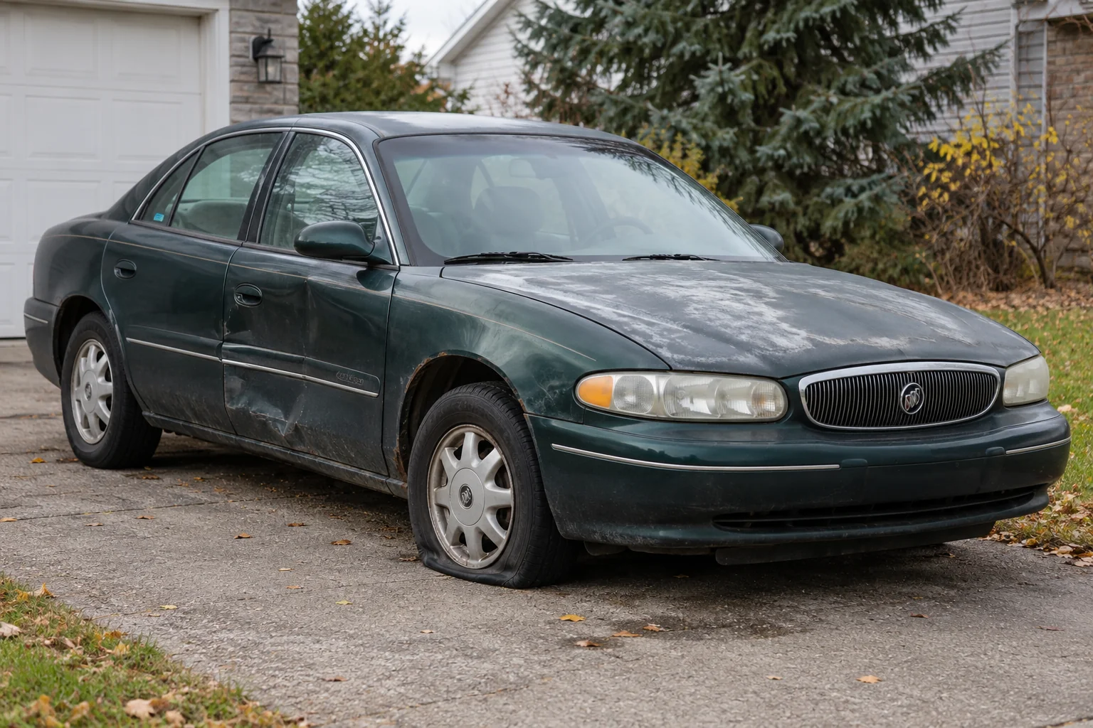 Weathered unwanted Buick sedan with a flat tire