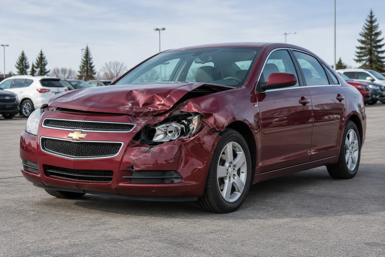Burgundy Chevrolet sedan with front collision damage