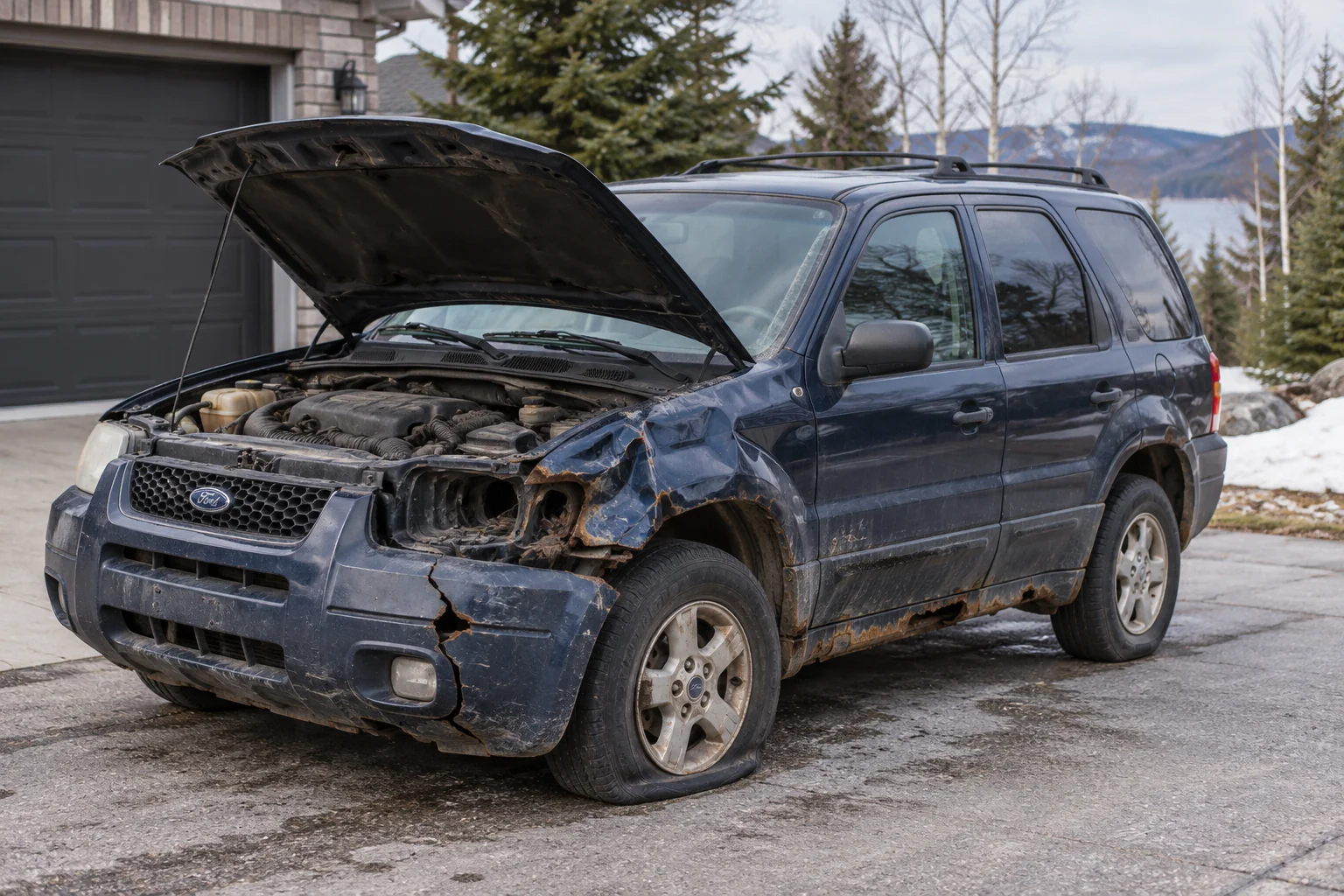 Old damaged Ford SUV with raised hood and a flat tire