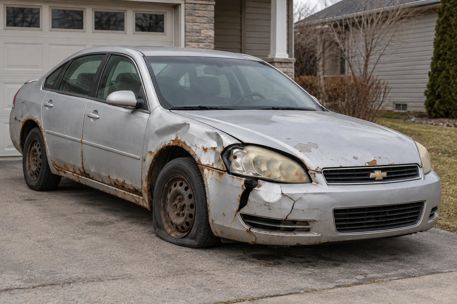 Rusty, dented silver Chevrolet sedan on a driveway