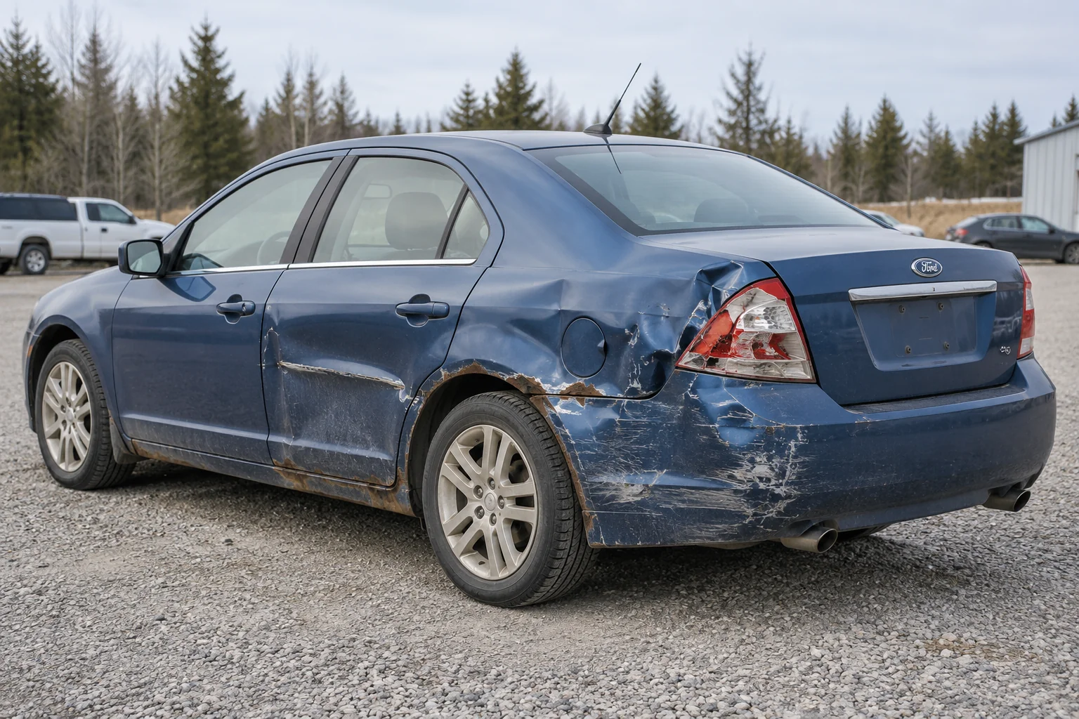 Older blue Ford sedan with a damaged rear quarter panel