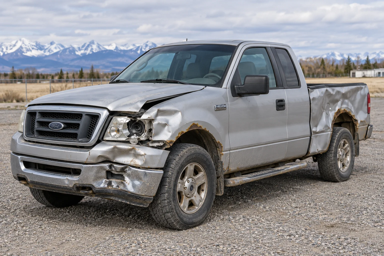 Old silver pickup with front-end damage and a dented truck bed