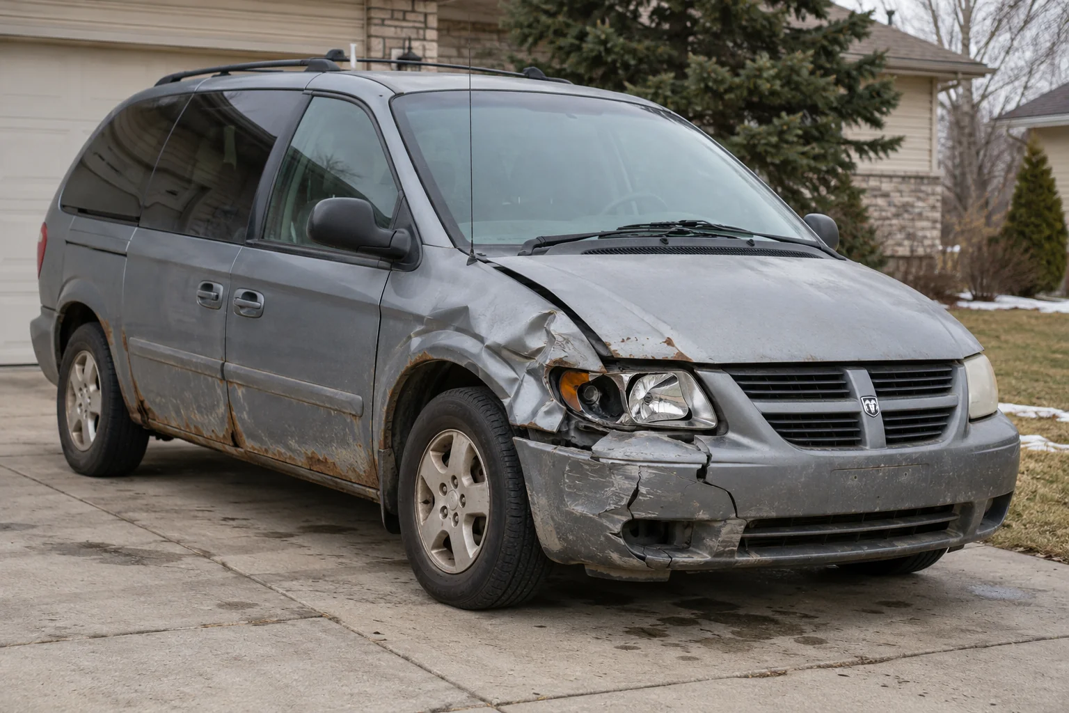 Old Dodge minivan with rust and collision damage