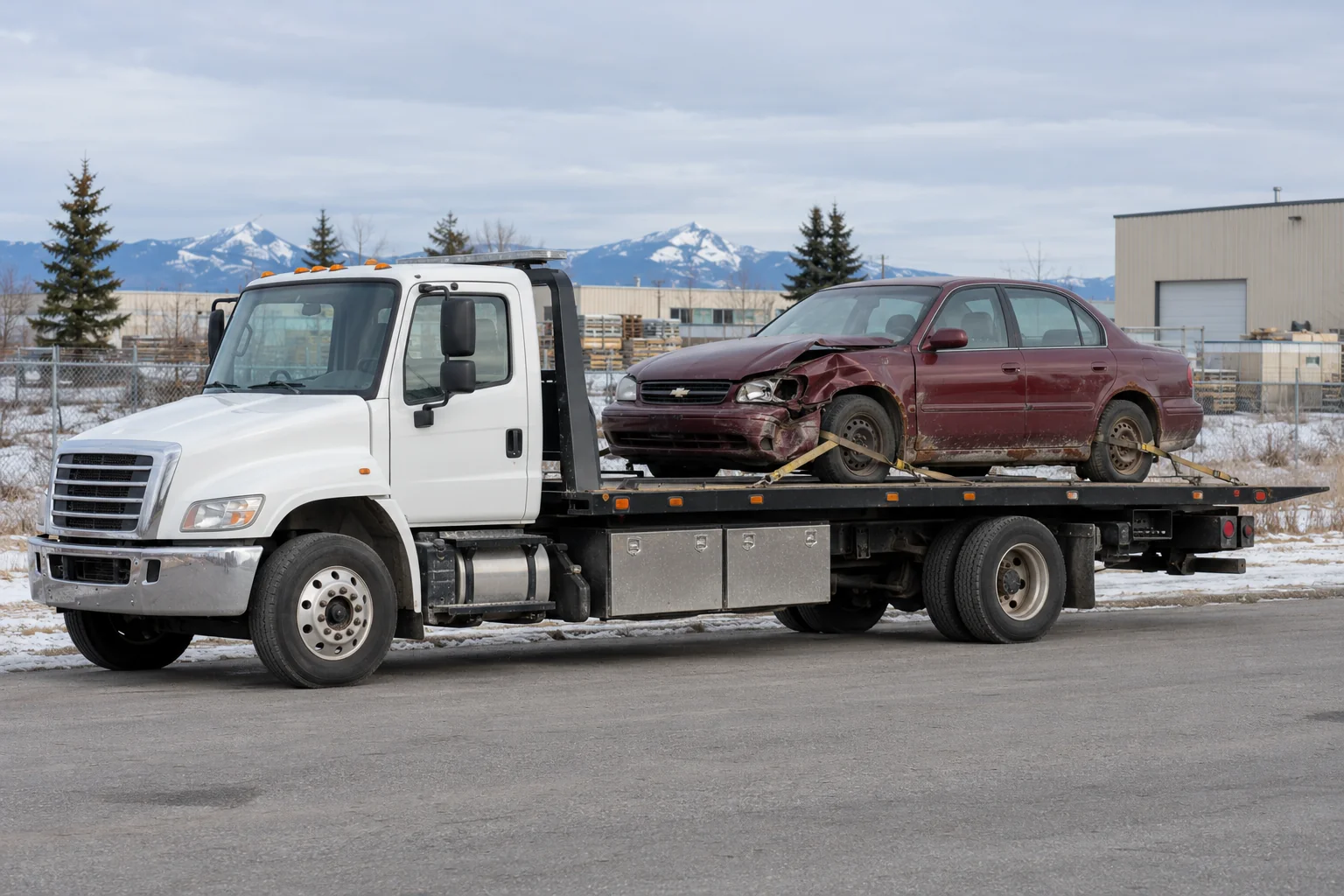 Flatbed truck carrying a damaged old sedan, illustrative example