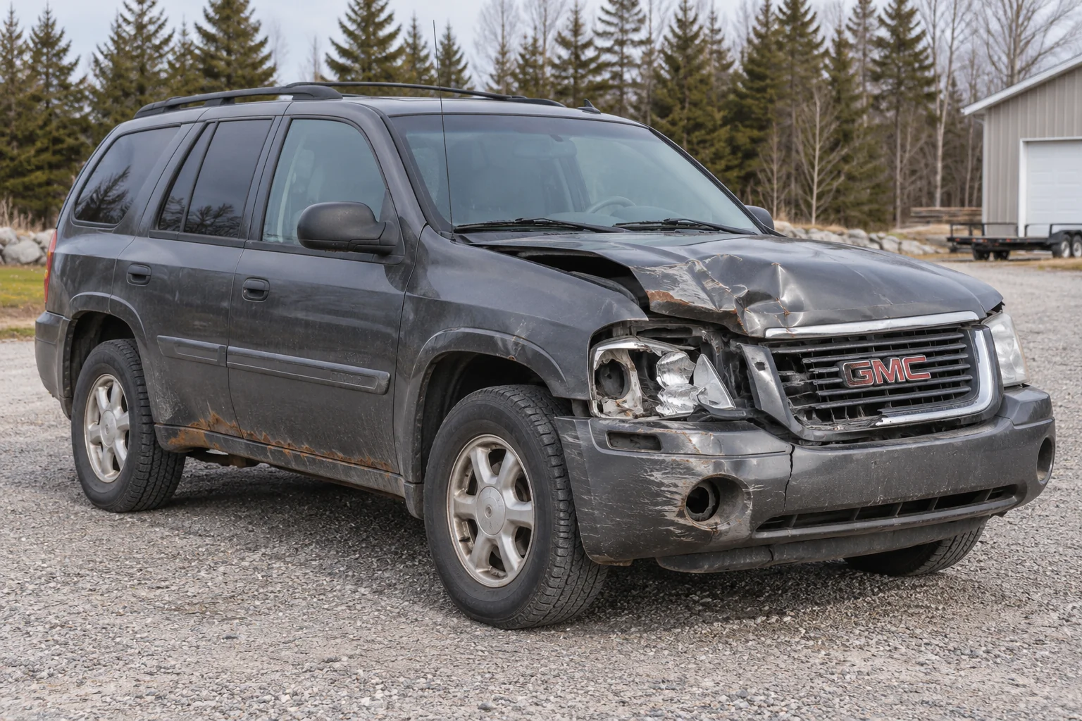 Older GMC SUV with a crumpled hood and broken headlight, illustrative example